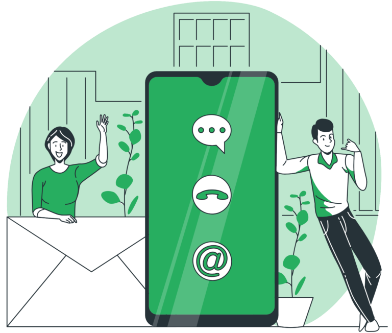 Para zachęcająca do kontaktu z firmą happy tree, ilustracja przedstawia telefon i kopertę, na zielonym roślinnym tle.
